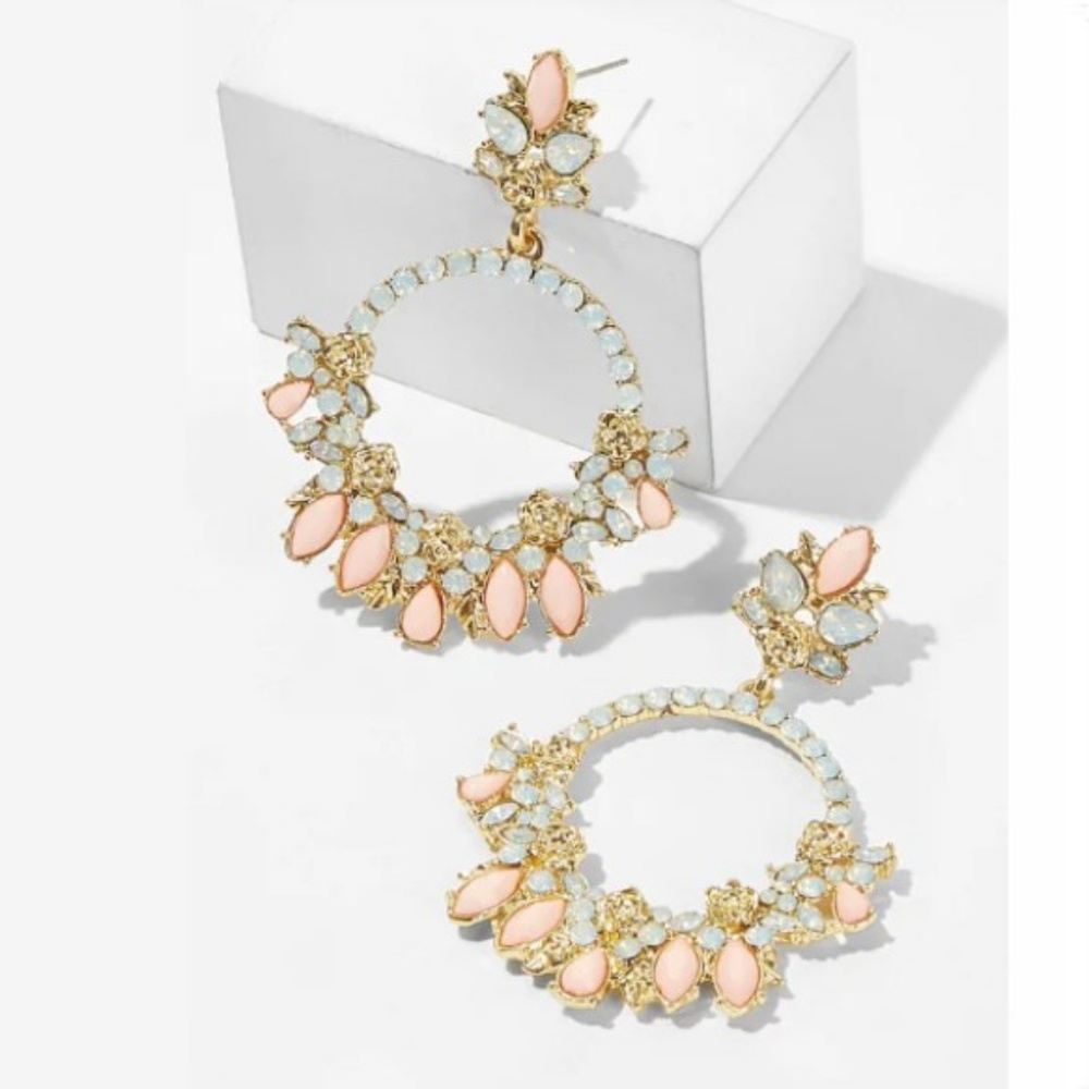 NWOT Gold Crystal Floral Dangle Hoop Earrings